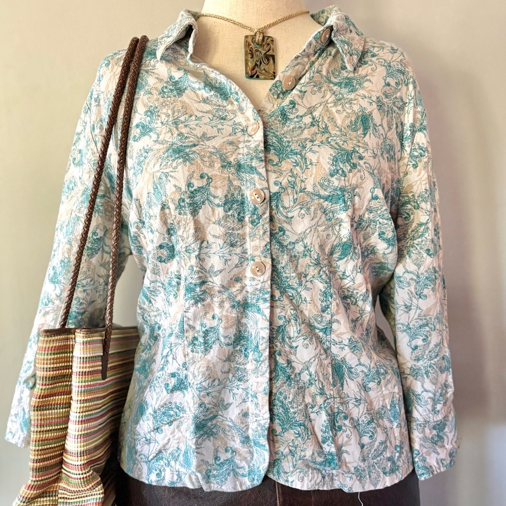 Cotton teal and tan long sleeve button up